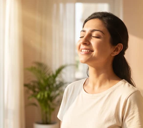 Woman relaxing in the morning sunlight at home