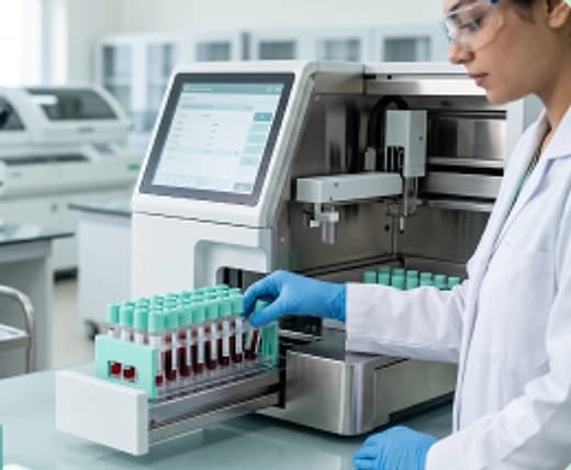 Lab technician loading samples into an automated analyzer